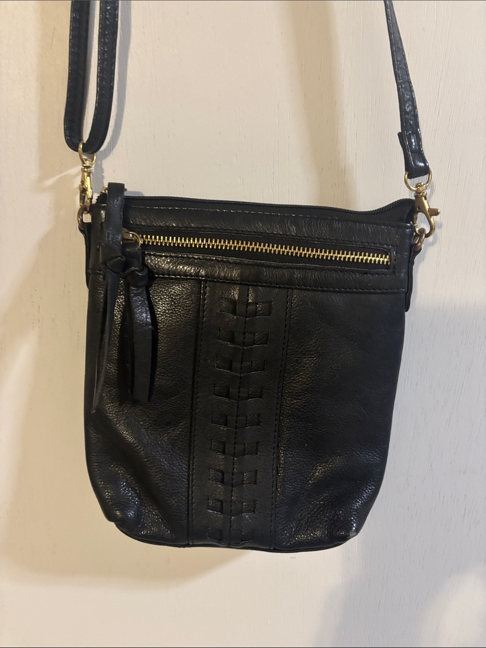 Black Leather Crossbody Bag with Woven Front Detail